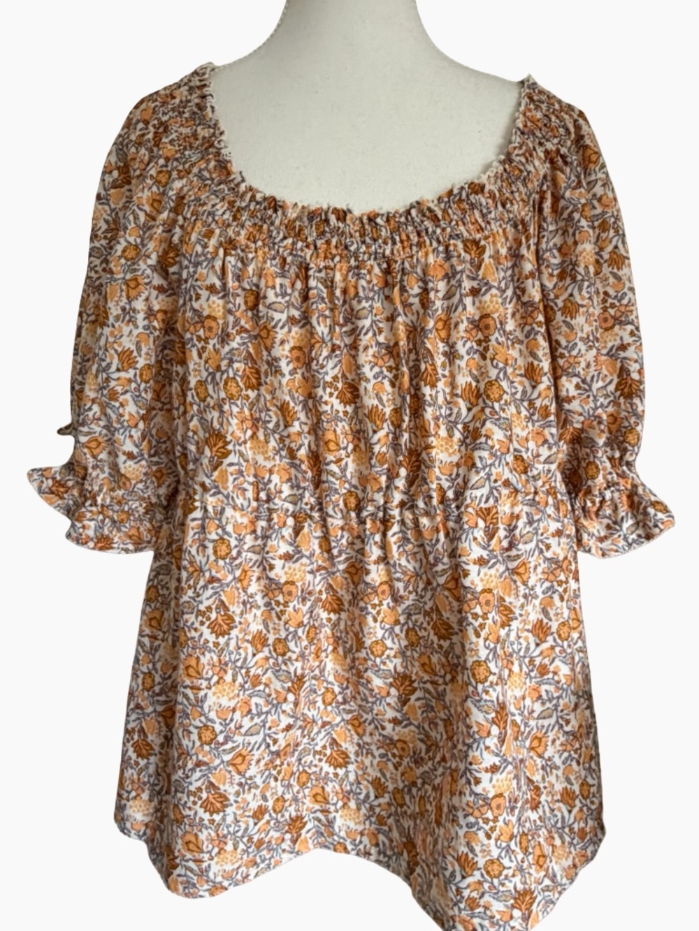 Old Navy Brown/Orange Floral Square Net Smocked Back Summer Casual Top-XL